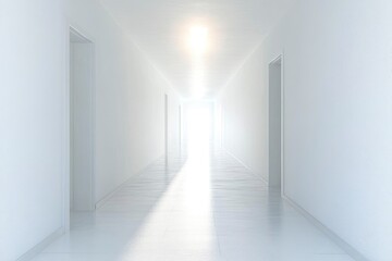 Canvas Print - A futuristic white hallway with a glowing light at the end,white hallway with a bright light at the end, Empty white futuristic corridor with a glowing light in the distance.