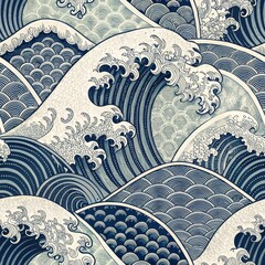 Wall Mural - Seamless Japanese Wave Pattern Blue and White Ocean Design Asian Art Texture Vintage Style