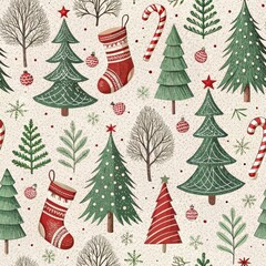 Wall Mural - Festive Christmas Seamless Pattern Trees Candy Canes Stockings and Ornaments