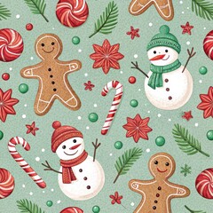 Wall Mural - Festive Christmas Seamless Pattern Gingerbread Men Snowmen Candy Canes Holly