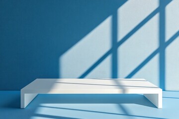 Wall Mural - Abstract empty white podium with geometric shadows on blue background. Mock up stand for product presentation. 3D Render. Minimal concept. Advertising template. 