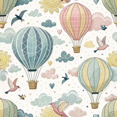 Wall Mural - Whimsical Hot Air Balloons Birds Clouds Seamless Pattern Illustration