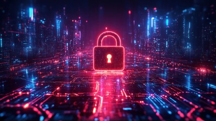 Poster - Digital lock representing cybersecurity in futuristic cityscape