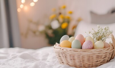 Wall Mural - a basket of colorful Easter eggs in a cozy home interior with spring flowers, Generative AI