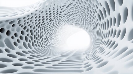 Poster - Abstract 3D rendering of a white tunnel with a porous, textured surface, leading to a bright light.