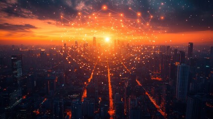 Poster - Sunset over city skyline with digital network overlay