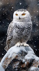 Wall Mural - A snowy owl sitting on top of a rock in the snow