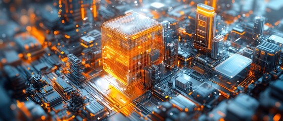 Poster - Digital cityscape with glowing futuristic technology structures