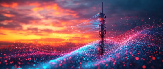 Poster - Futuristic telecommunications tower against vibrant sunset