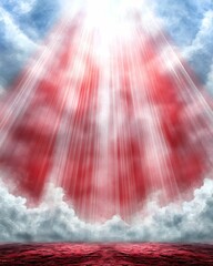 Wall Mural - Radiant beams of light shine through clouds, creating a dramatic red and white sky, evoking a sense of awe and wonder. background gentle shades inviting concept