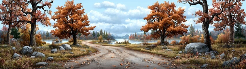 Wall Mural - A serene landscape featuring a gravel road surrounded by autumn trees, rocks, and a tranquil lake under a cloudy sky. background gentle shades inviting concept