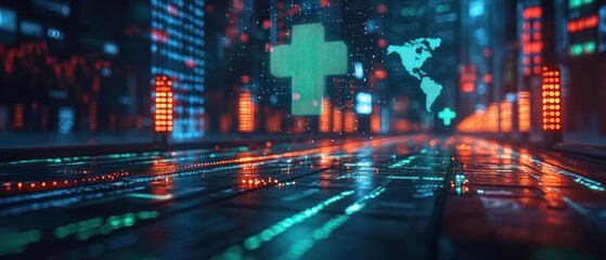 Poster - Futuristic cityscape with digital health symbols and data flow