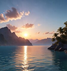Wall Mural - Warm sunlight casting a gentle glow on the cerulean sky, serene landscape, peaceful scene, sunny atmosphere