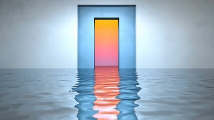 Wall Mural - A surreal doorway stands against a gradient backdrop, partially submerged in calm water, evoking a sense of mystery and exploration. background soft tones tranquil vibes concept