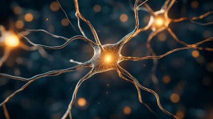 Poster - Close-up View of Neurons with Glowing Synapses in a Dark Background