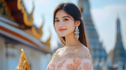 beautiful woman travel at Wat Arun sunset view point