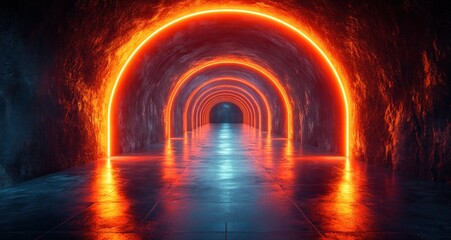 Poster - Futuristic Neon Corridor with Glowing Orange Lights and Polished Concrete Floor Reflections in Cyberpunk Style