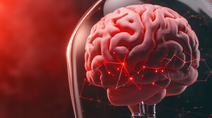 Poster - Detailed Illustration of a Human Brain Inside a Glass Dome with Red Background