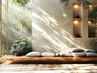 Poster - Serene Modern Interior with Wooden Bench and Soft Cushions Illuminated by Natural Light in Scandinavian Design