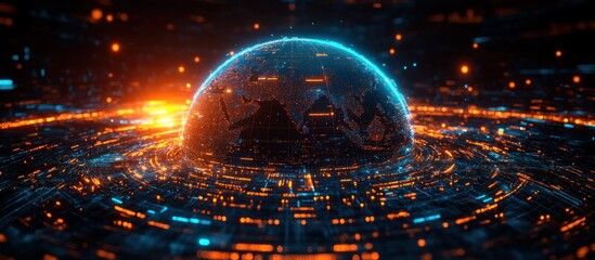 Poster - Futuristic Digital Globe of Asia with Global Network and Cyberpunk Style in Sunset Light