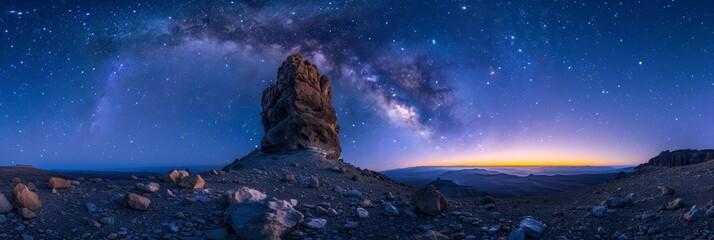 A rocky, mountainous landscape under a night sky with a bright milky way and a sunrise in the distance. AI generative. .