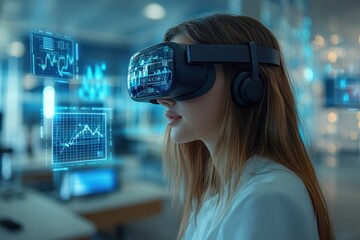 Poster - Young woman using virtual reality headset in modern office