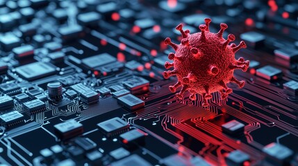 Wall Mural - Cybersecurity incident response and recovery. Virus model on a circuit board with glowing elements in red and blue tones.