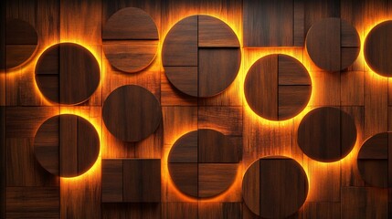 Poster - Illuminated wooden wall panel with geometric circles and squares.
