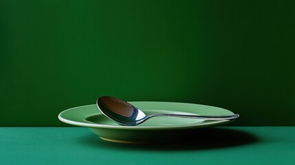 Wall Mural - A silver spoon rests upon a pale green plate, set against a dark green background