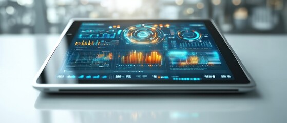 Poster - Modern tablet displaying data analytics in bright office