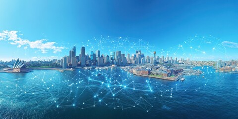 Poster - Aerial View of a Vibrant City Skyline Surrounded by Water and Modern Technology Networks Representing Connectivity and Urban Development