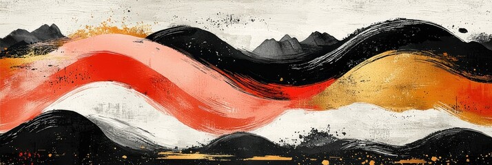 Poster - Abstract Wave Painting Red Black Gold White