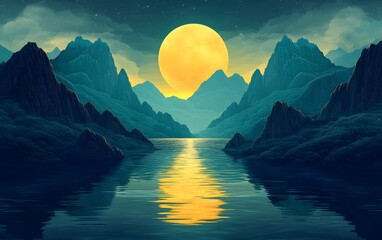 Wall Mural - Serene mountain lake scene with a large yellow moon