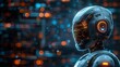 © Alisa - Close-up of a futuristic robot with glowing orange details against a blue and orange bokeh background. AI generative. .