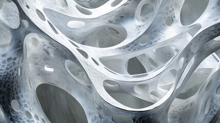 Poster - Abstract 3D rendering of a complex, porous, white and gray organic structure.