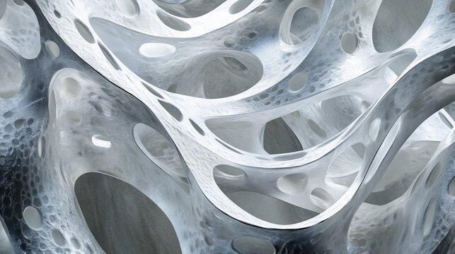 Abstract 3D rendering of a complex, porous, white and gray organic structure.