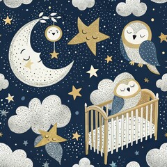 Wall Mural - Adorable Owls Stars Moon Clouds Nursery Seamless Pattern Design