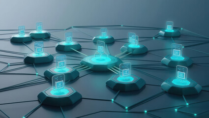 Poster - futuristic depiction of interconnected nodes featuring digital microloan icons above blockchain grid