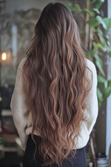 Wall Mural - Back view of a girl with beautiful long wavy brown hair.