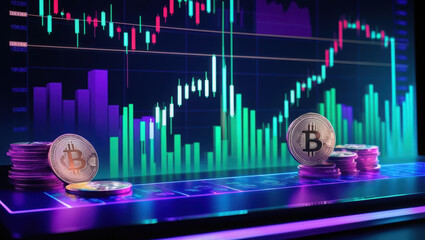 Poster - sleek graphical representation of fluctuating digital currencies and graphs set neon lit trading dashboard with clear copy