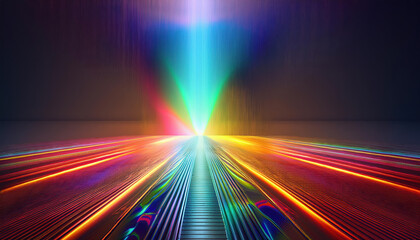 Poster - glowing prism with iridescent surface casting rainbow reflections on neutral floor creates vibrant atmosphere