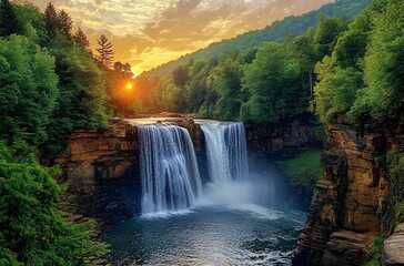 Wall Mural - Majestic Waterfall Sunset Scenic Beauty