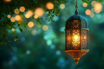 Canvas Print - Illuminated Lantern Hanging Amongst Lush Green Leaves