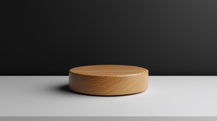 Poster - Minimalist wooden display stand on white surface against black background.