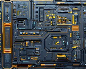 Poster - Futuristic technology interface panel with orange and blue accents.