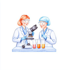Poster - two scientists examining samples in medical lab with microscope