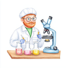 Poster - colorful of scientist in lab coat working with test tubes and microscope
