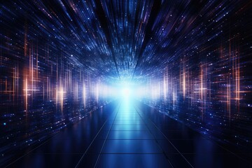 Fototapete - High-speed data transmission visualized in a one-point perspective, showcasing a futuristic corridor filled with vibrant light and dynamic patterns, evoking a sense of rapid movement and technology