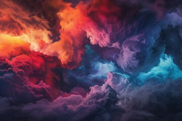 Poster - Ethereal clouds bursting with chaotic colors create a mesmerizing visual display in the sky at twilight, showcasing vibrant reds, blues, and purples that blend seamlessly