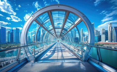 Poster - Modern architectural bridge structure with curved glass design, connecting urban landscapes and offering stunning views of a vibrant city skyline under a bright blue sky